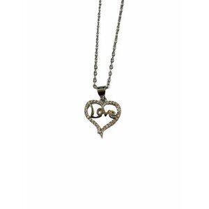Love Heart Necklace Sliver Tone with Rhinestones